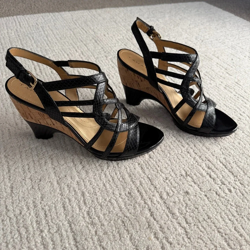 Tahari Petunia Black Snake Embossed Leather Cork Wedge Sandals Women 8.5 Strappy